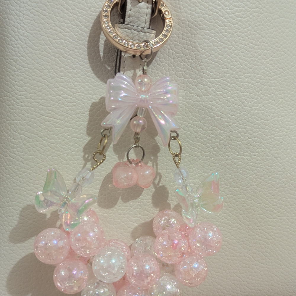 Pink and White Beaded Keychain with Bow